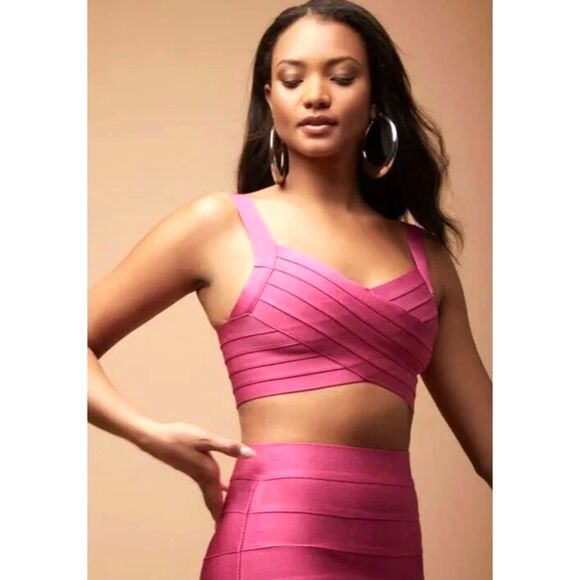 NWOT Hervé Léger x Forever 21 Electric Pink Bandage Sleeveless V Crop Top Size L - Picture 7 of 9